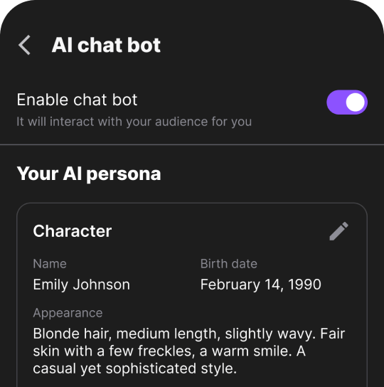 User interface showing AI chat bot settings and persona details, with a toggle switch turned on.