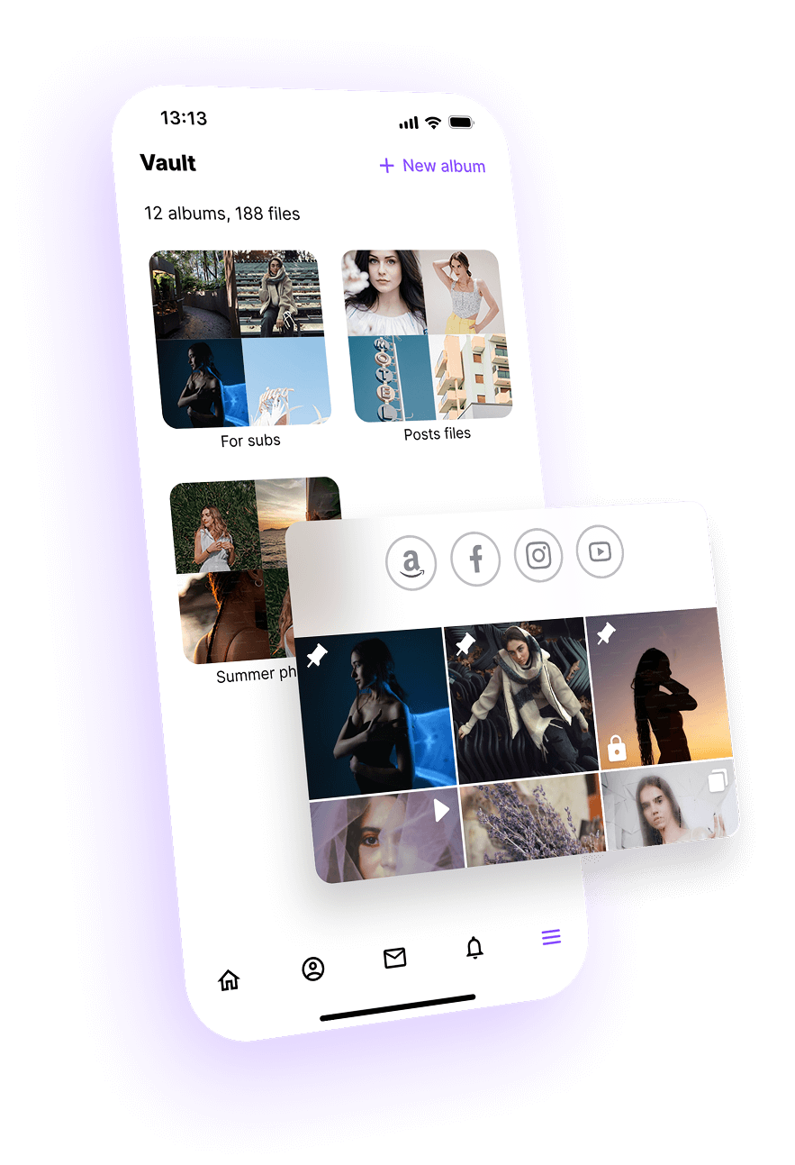 Two screens: photo storage interface showing albums with preview images and profile feed interface with pinned posts