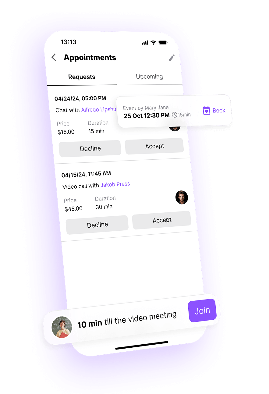 Appointments interface showing requests for chats and video calls, and a countdown for a video meeting.