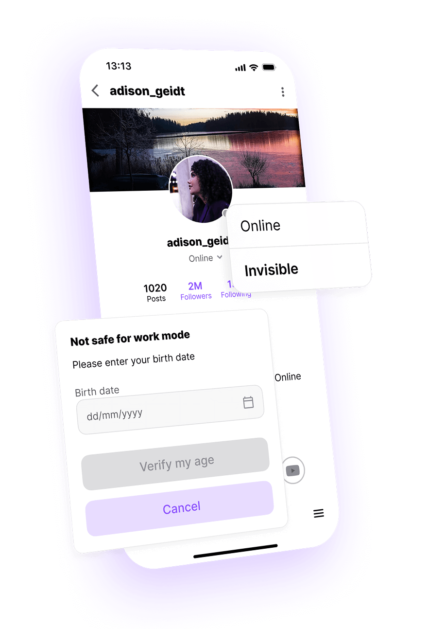 A user profile interface with option to change online status to 'Invisible'. Below this, a there is a pop-up requiring an age verification to enable NSFW mode